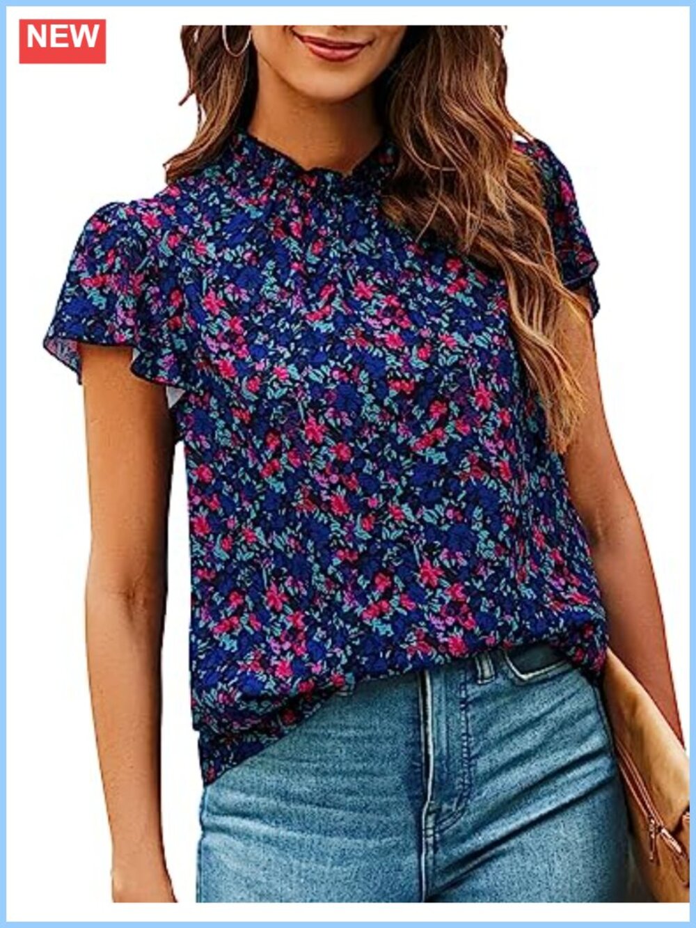 Boho Ruffle Mock Neck Blouse Flutter Short Sleeve Summer Top